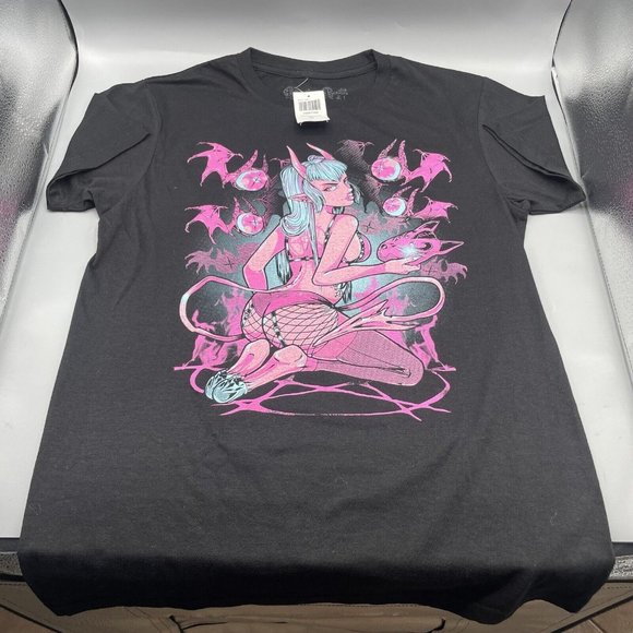 Pinku Kult T-Shirt Demon Girl Hex Mortis Black Pink SMALL Two-Sided NEW - Picture 1 of 6